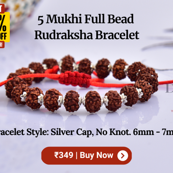 5 Mukhi Full Bead Rudraksha Bracelet (6mm-13mm) - Handmade with Gold, Sliver Cap & Knot Options